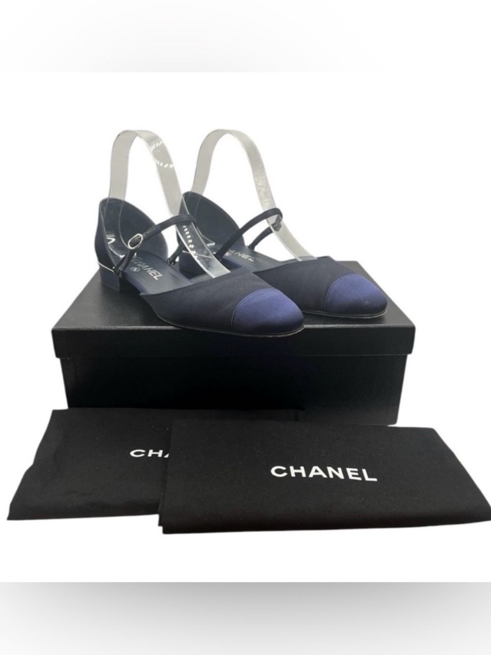 CHANEL Navy Satin Cap Toe Ankle Strap CC Flats 38.5EU
